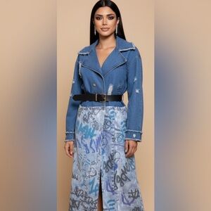 Upcycled Blue Denim & leather back trench Jacket with Graffiti print size XL/1X